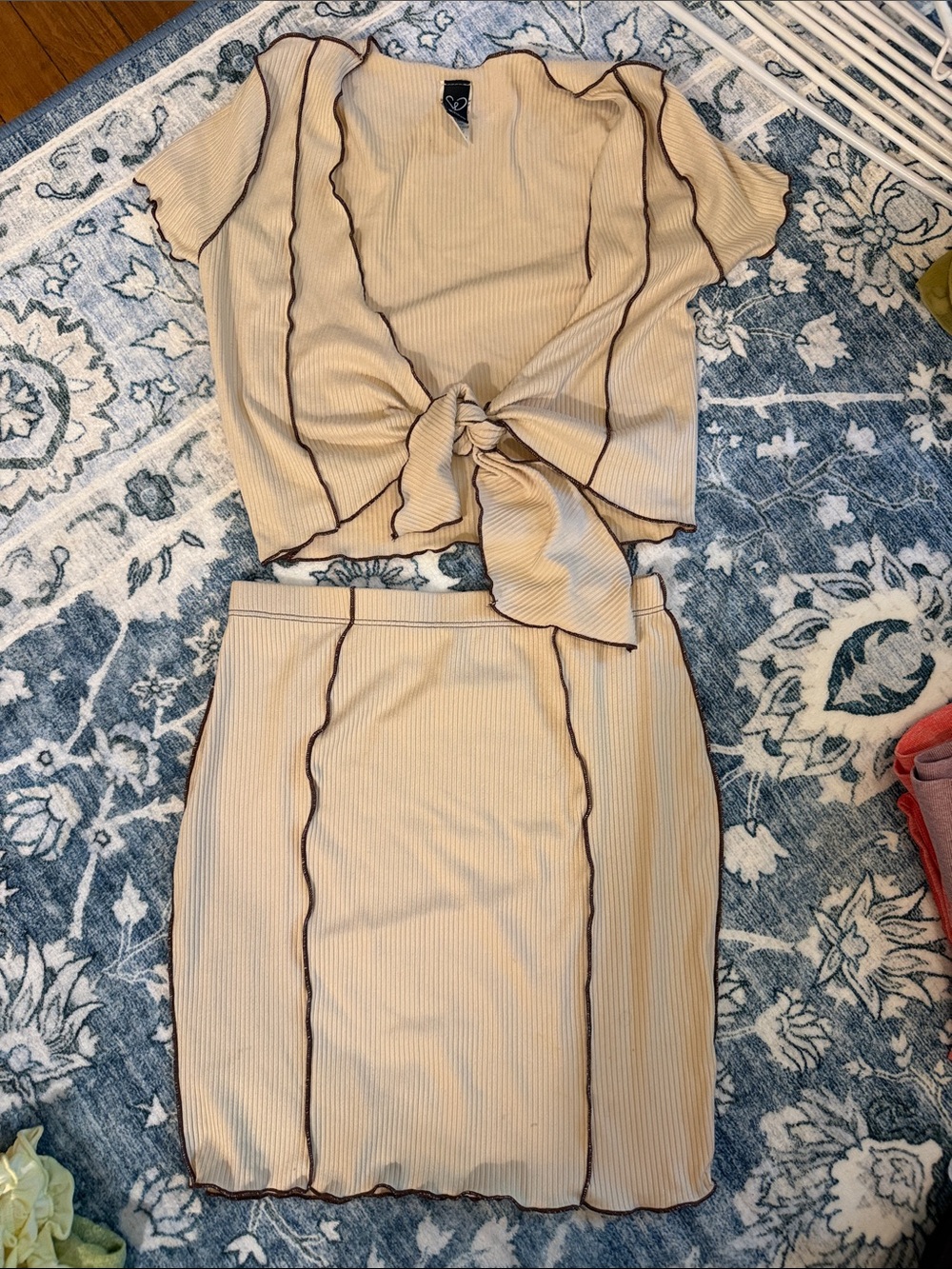 Windsor Beige Ribbed Pencil Skirt Set with Dark Contrast Trim